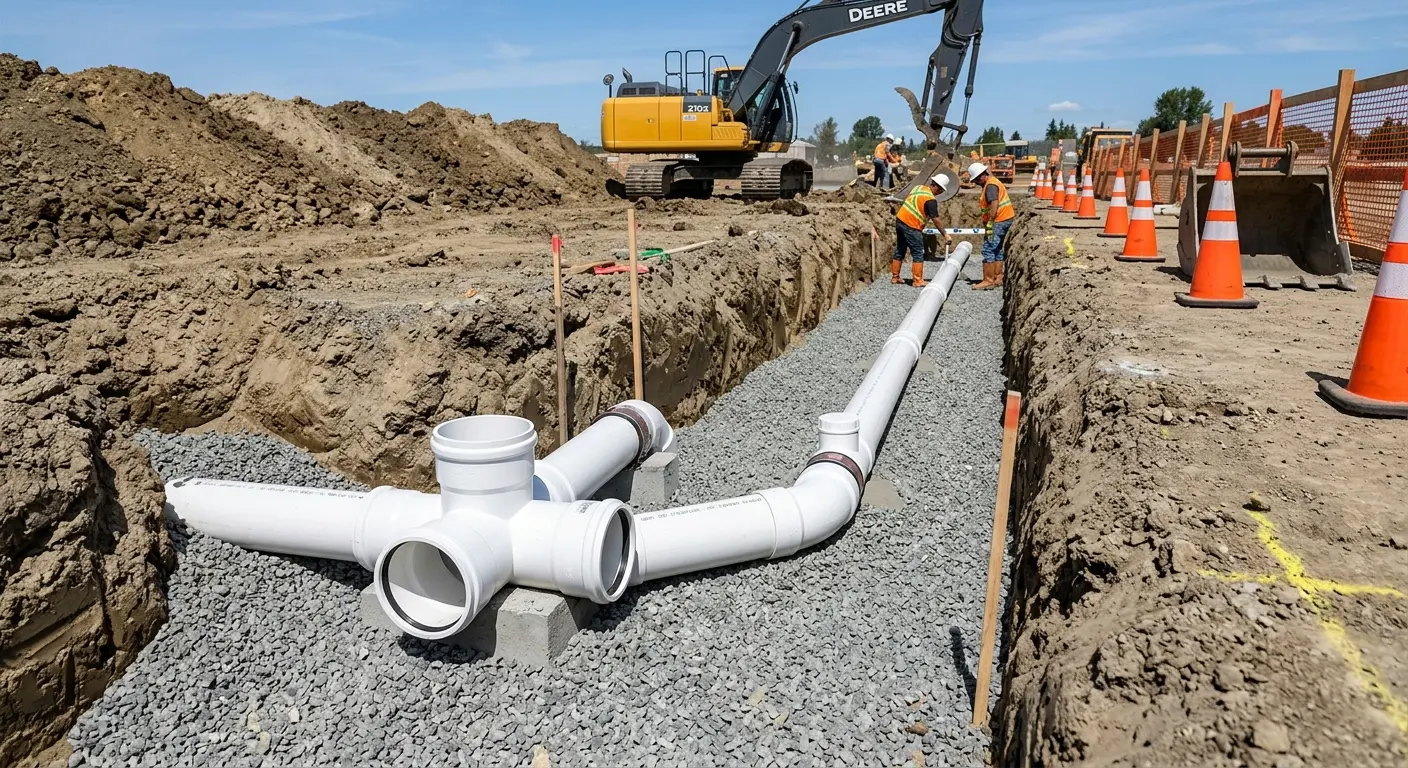 New PVC sewer pipe installation in open trench for Commercial Drain Cleaning in Cumberland